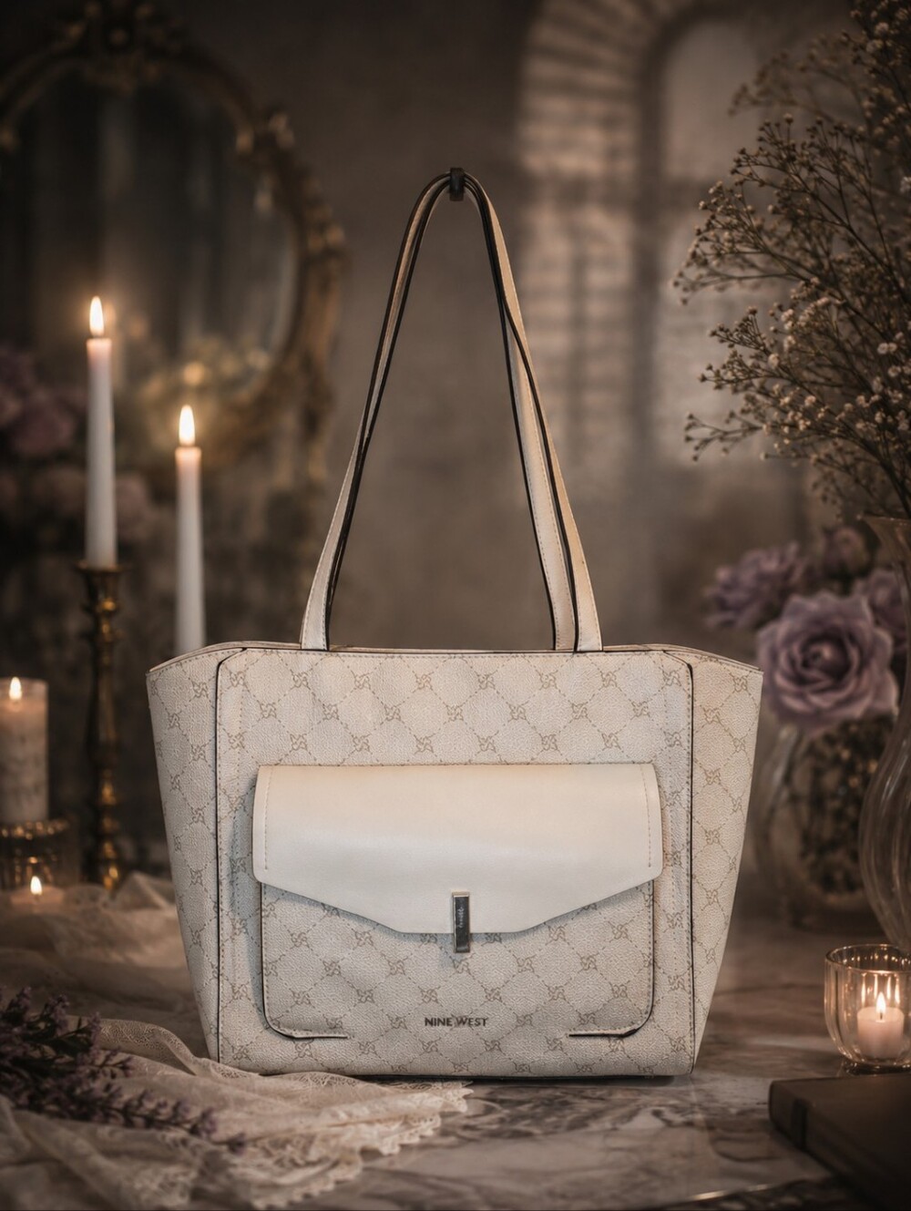 Nine West Cream Logo Laptop Tote Bag Large Work Shoulder Purse Pocket